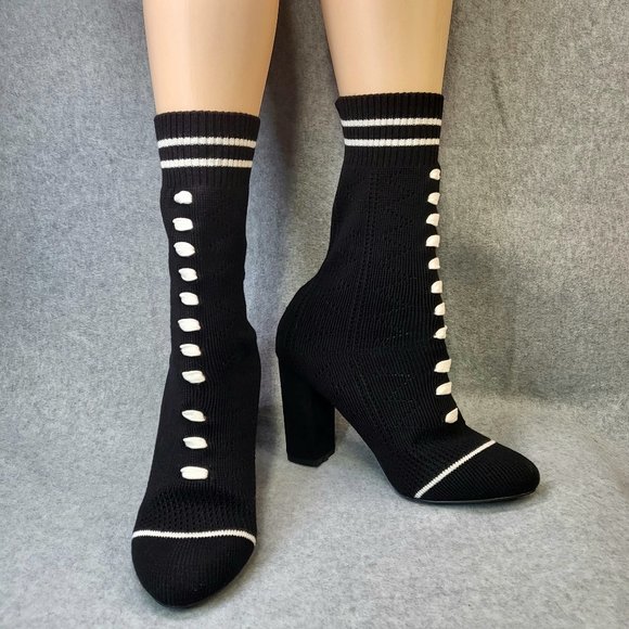 Adorable Mid Calf Black & White Stretchy Sock Boot With 3.5" Block Heels - Picture 1 of 6